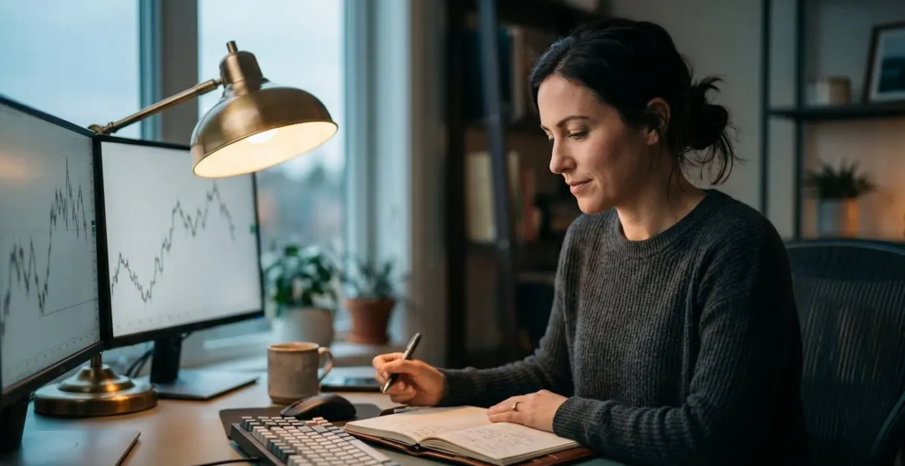 Professional trader analyzing market charts in modern office environment after work hours