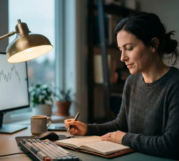 Professional trader analyzing market charts in modern office environment after work hours