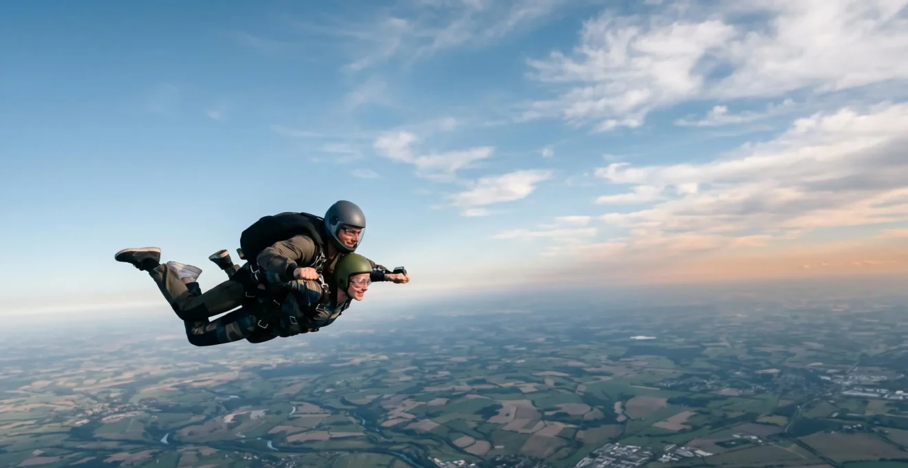 Tandem skydiving pair exiting aircraft at high altitude with expansive sky and cloud formations