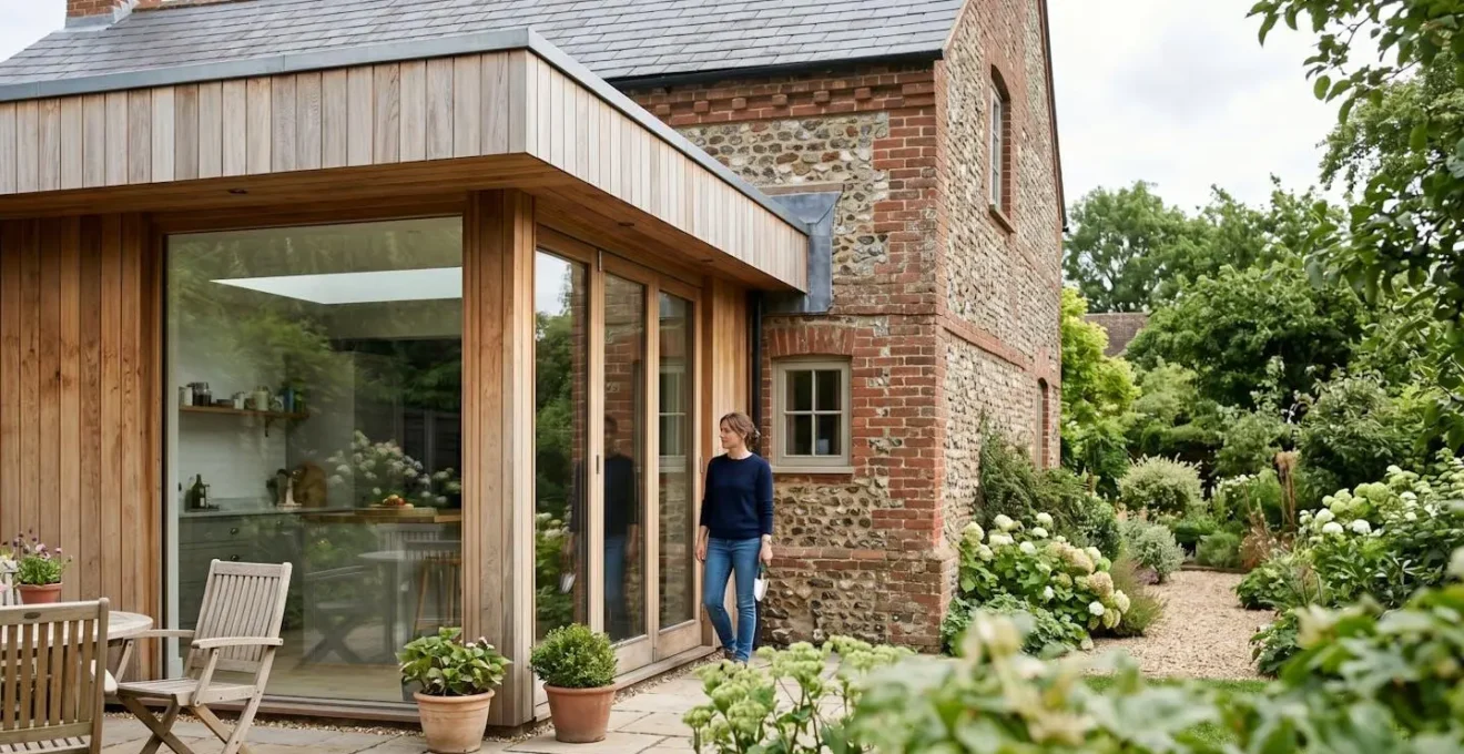 Modern timber frame extension attached to traditional brick house, showcasing architectural contrast