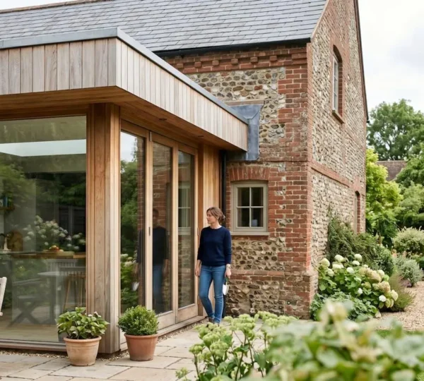 Modern timber frame extension attached to traditional brick house, showcasing architectural contrast