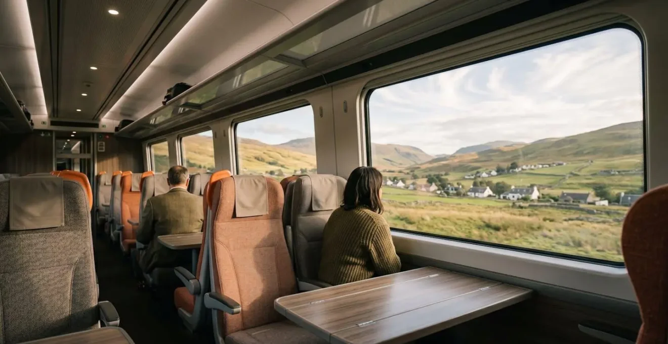 Scenic European train journey through countryside landscape showcasing sustainable travel experience