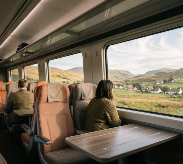 Scenic European train journey through countryside landscape showcasing sustainable travel experience