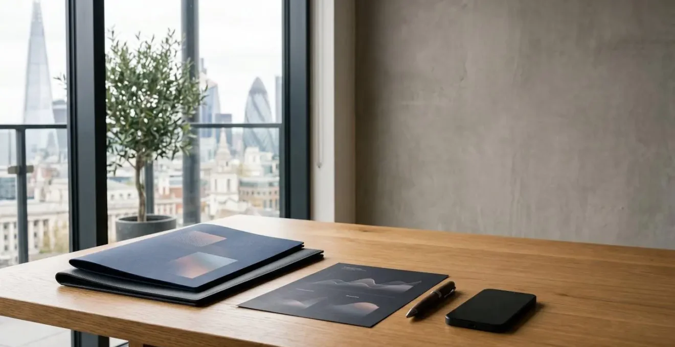 Professional financial planning workspace with UK stock market documents and dividend tracking materials arranged on a clean desk
