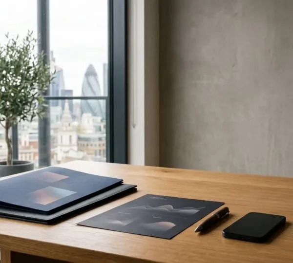 Professional financial planning workspace with UK stock market documents and dividend tracking materials arranged on a clean desk