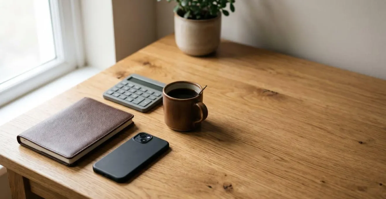 A neatly organized workspace showing financial planning materials and calculator on a wooden desk
