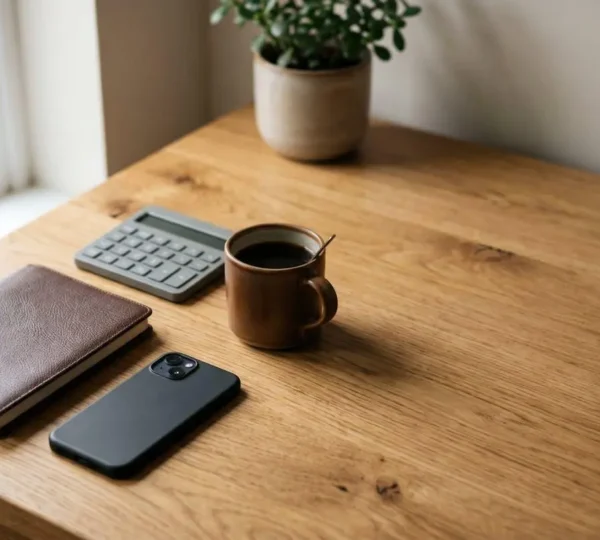 A neatly organized workspace showing financial planning materials and calculator on a wooden desk