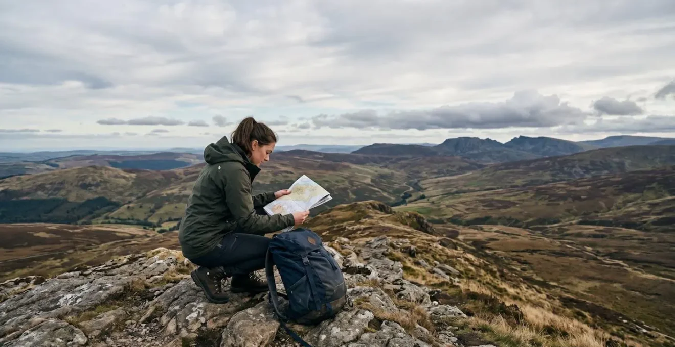 Aspiring outdoor instructor studying map on mountain ridge in UK landscape with dramatic clouds overhead