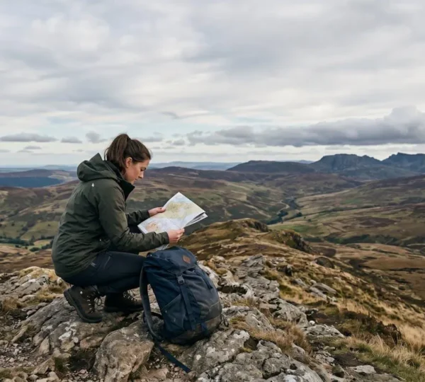 Aspiring outdoor instructor studying map on mountain ridge in UK landscape with dramatic clouds overhead