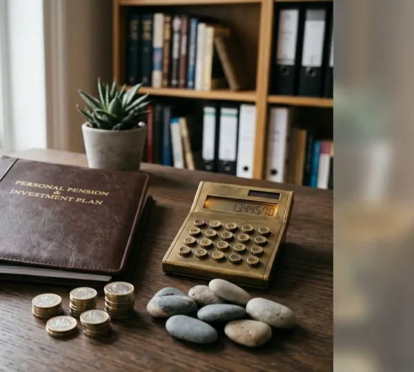 Balanced composition showing British pension planning elements with subtle American market influences in natural light