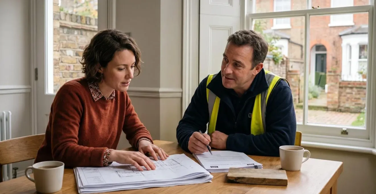 Professional consultation between homeowner and builder reviewing construction documents in bright natural light setting