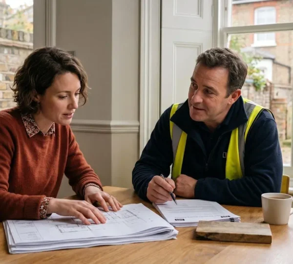 Professional consultation between homeowner and builder reviewing construction documents in bright natural light setting