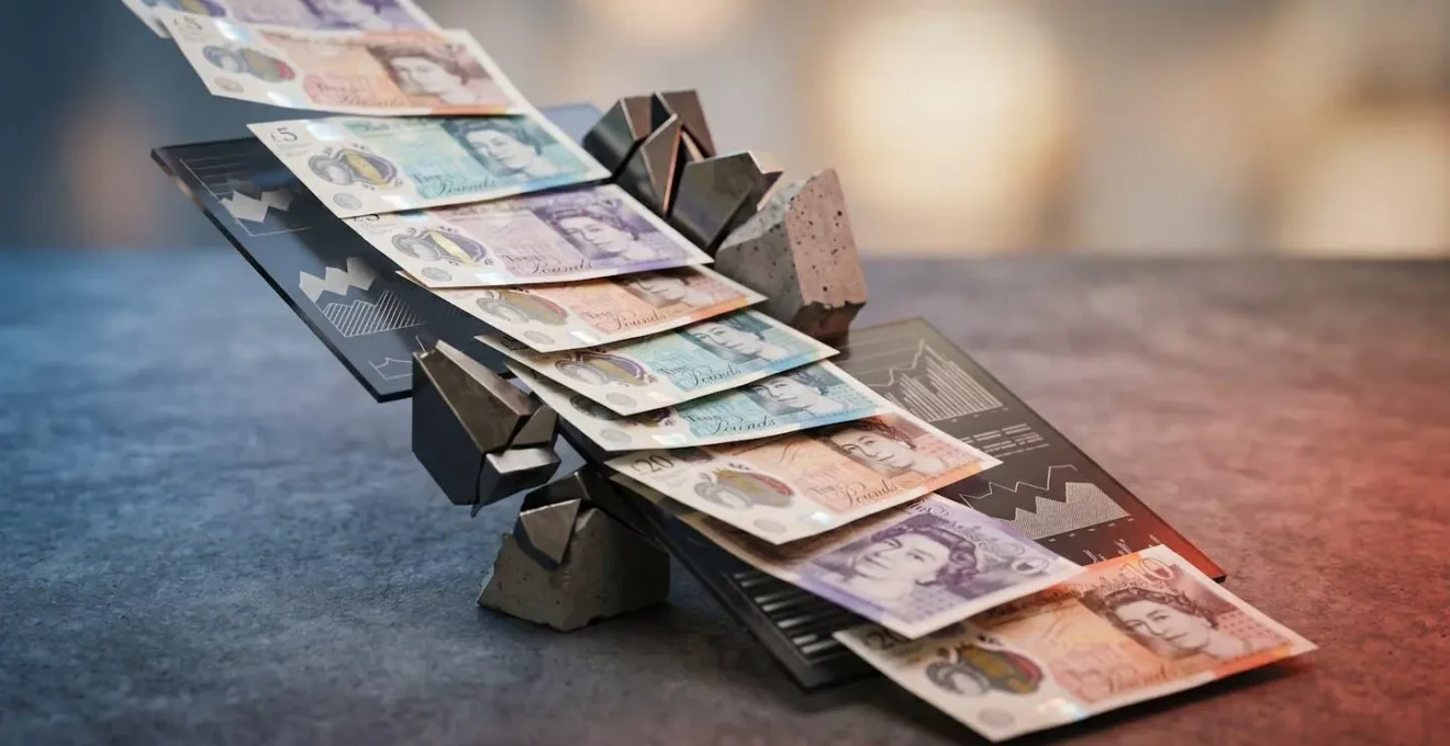 British currency notes with downward trending financial chart symbolizing declining pound value
