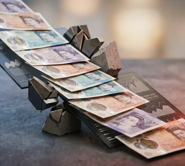 British currency notes with downward trending financial chart symbolizing declining pound value