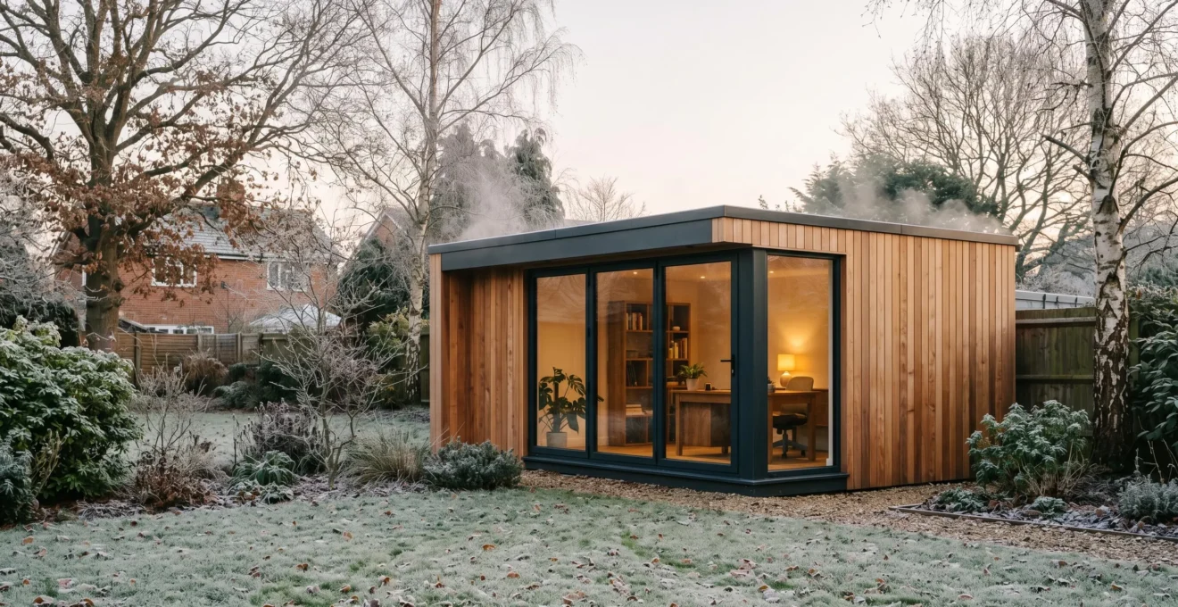 Modern insulated garden office in winter landscape with warm interior lighting visible through windows