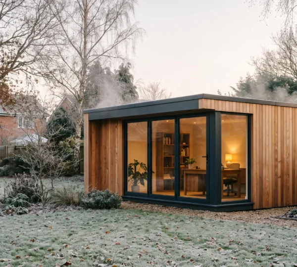 Modern insulated garden office in winter landscape with warm interior lighting visible through windows